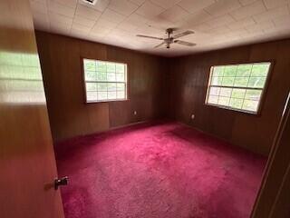 spare room with a ceiling fan, carpet flooring, and wooden walls