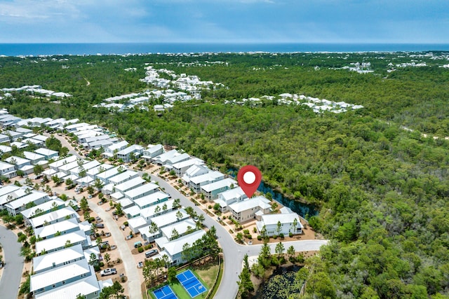aerial view of residential area featuring a forest and a large body of water