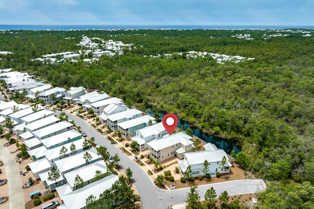 aerial perspective of suburban area featuring a forest and a nearby body of water