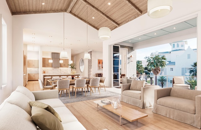 living area featuring high vaulted ceiling, wooden ceiling, beam ceiling, and light wood-style floors