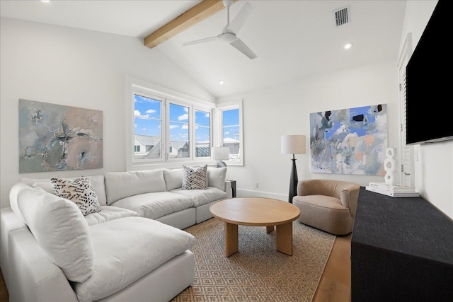 160 Heritage Dunes Ln S, Santa Rosa Beach, FL 32459 - living area featuring wood finished floors, a ceiling fan, vaulted ceiling with beams, visible vents, and recessed lighting