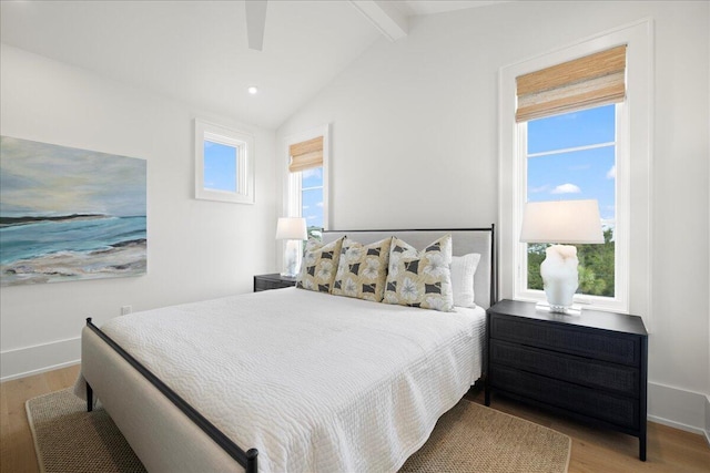 160 Heritage Dunes Ln S, Santa Rosa Beach, FL 32459 - bedroom with baseboards, lofted ceiling with beams, a ceiling fan, and wood finished floors