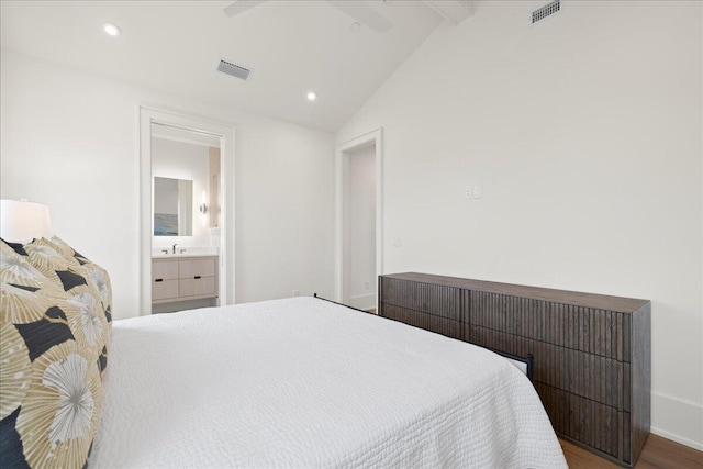 160 Heritage Dunes Ln S, Santa Rosa Beach, FL 32459 - bedroom featuring recessed lighting, ensuite bathroom, visible vents, and vaulted ceiling with beams