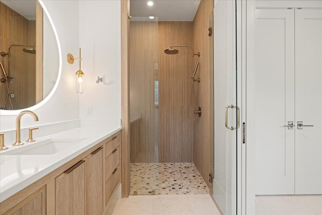 160 Heritage Dunes Ln S, Santa Rosa Beach, FL 32459 - full bath with a stall shower, vanity, tile patterned flooring, and recessed lighting