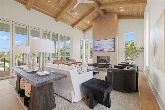 160 Heritage Dunes Ln S, Santa Rosa Beach, FL 32459 - living area with a fireplace, light wood-style flooring, wood ceiling, and beam ceiling
