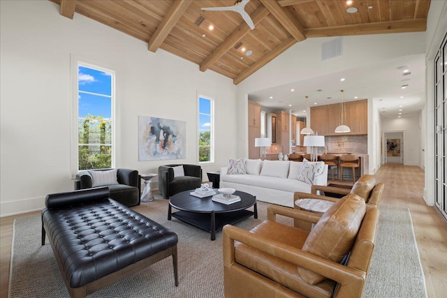 160 Heritage Dunes Ln S, Santa Rosa Beach, FL 32459 - living room with recessed lighting, light wood-style floors, high vaulted ceiling, and wooden ceiling