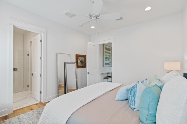 90 Basal St, Inlet Beach, FL 32461 - bedroom featuring recessed lighting, ceiling fan, baseboards, ensuite bathroom, and wood finished floors