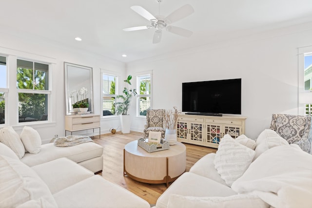 90 Basal St, Inlet Beach, FL 32461 - living room featuring light wood finished floors, ceiling fan, recessed lighting, and crown molding