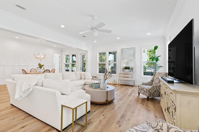 90 Basal St, Inlet Beach, FL 32461 - living room with a ceiling fan, light wood-style flooring, recessed lighting, a chandelier, and ornamental molding