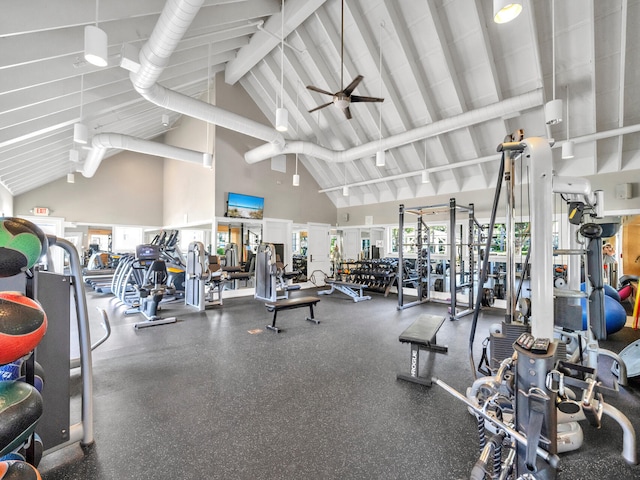 90 Basal St, Inlet Beach, FL 32461 - workout area with high vaulted ceiling, a ceiling fan, and beam ceiling