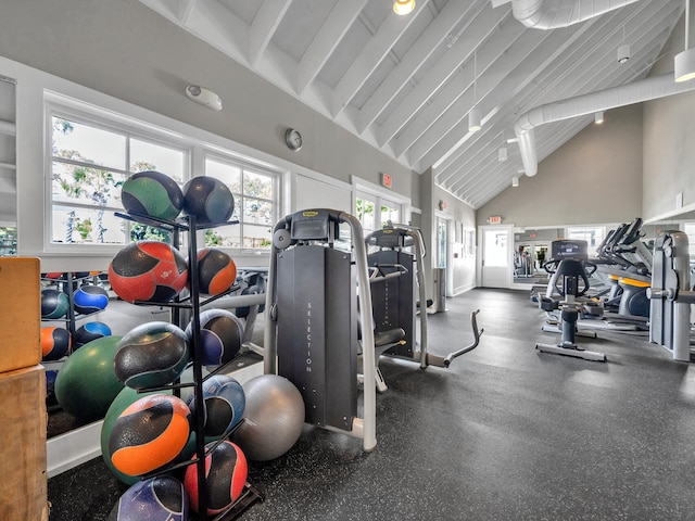 90 Basal St, Inlet Beach, FL 32461 - gym featuring high vaulted ceiling and beamed ceiling