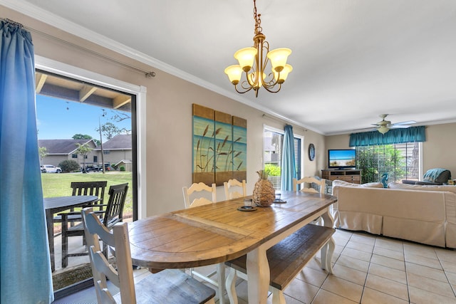220 N Driftwood Bay Dr Unit 40A, Miramar Beach, FL 32550 - dining room featuring ornamental molding, light tile patterned floors, and ceiling fan with notable chandelier