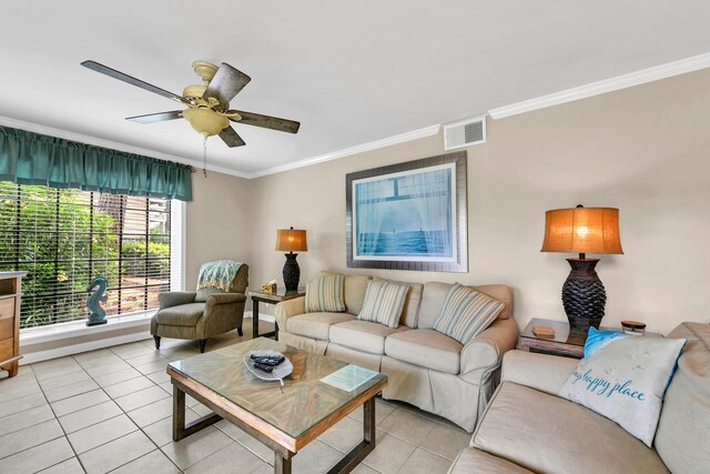 220 N Driftwood Bay Dr Unit 40A, Miramar Beach, FL 32550 - living room featuring crown molding, light tile patterned floors, ceiling fan, and visible vents