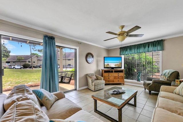 220 N Driftwood Bay Dr Unit 40A, Miramar Beach, FL 32550 - tiled living area with baseboards, ceiling fan, and ornamental molding