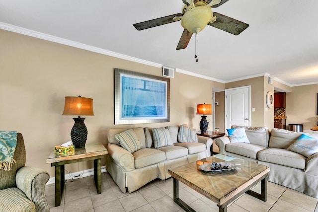 220 N Driftwood Bay Dr Unit 40A, Miramar Beach, FL 32550 - living area with visible vents, crown molding, baseboards, a ceiling fan, and light tile patterned floors