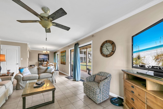 220 N Driftwood Bay Dr Unit 40A, Miramar Beach, FL 32550 - living area with baseboards, ornamental molding, ceiling fan with notable chandelier, and light tile patterned flooring