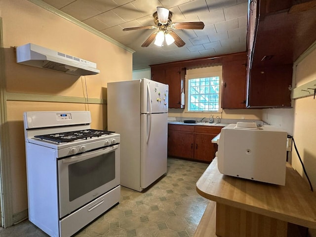 510 E Fisher St, Pensacola, FL 32503 - kitchen with under cabinet range hood, white appliances, a ceiling fan, light countertops, and ornamental molding