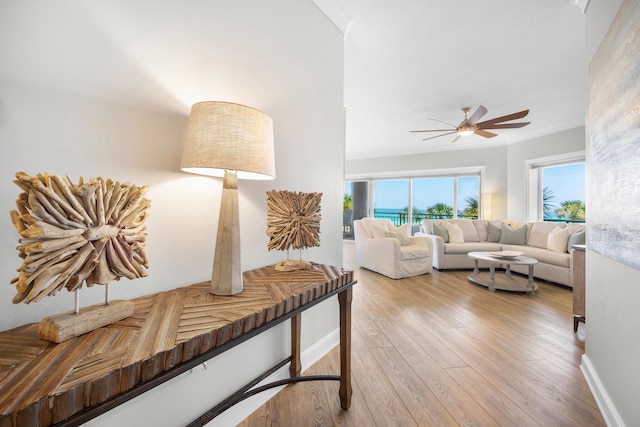 living area featuring ceiling fan and wood finished floors