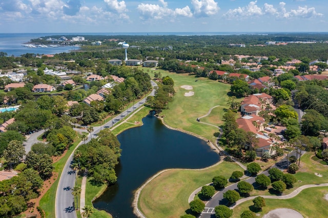 birds eye view of property with a water view, golf course view, and a residential view