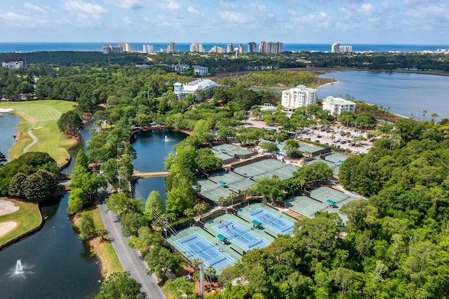 birds eye view of property featuring a water view and golf course view