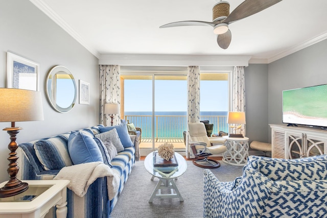 5004 Thomas Dr Unit 1709, Panama City Beach, FL 32408 - living area featuring carpet floors, ceiling fan, and crown molding