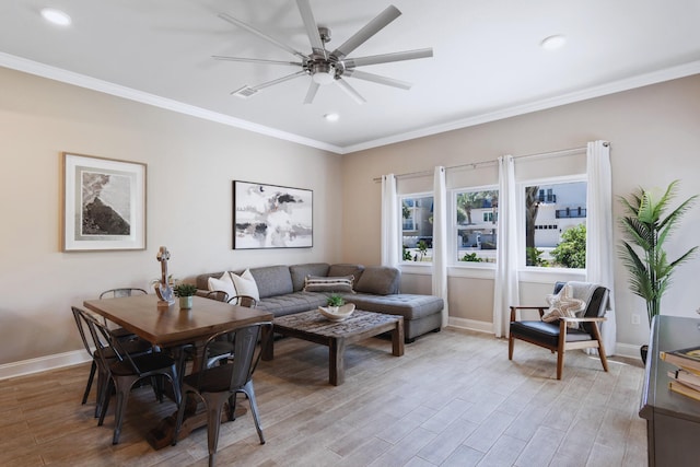 732 Scenic Gulf Dr Unit D103, Miramar Beach, FL 32550 - living room with a ceiling fan, recessed lighting, baseboards, crown molding, and light wood-style floors