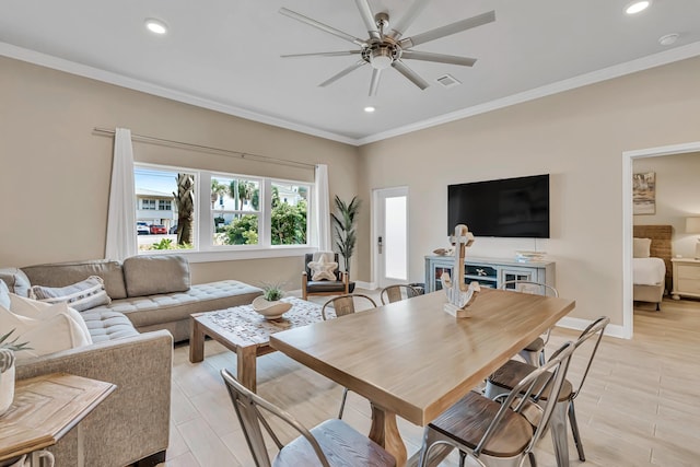 732 Scenic Gulf Dr Unit D103, Miramar Beach, FL 32550 - living room featuring crown molding, visible vents, ceiling fan, and recessed lighting