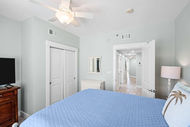 11807 Front Beach Rd # 1-309, Panama City Beach, FL 32407 - bedroom with visible vents, a closet, a ceiling fan, and baseboards