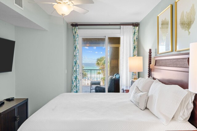 11807 Front Beach Rd # 1-309, Panama City Beach, FL 32407 - bedroom with visible vents, a ceiling fan, access to outside, and a water view