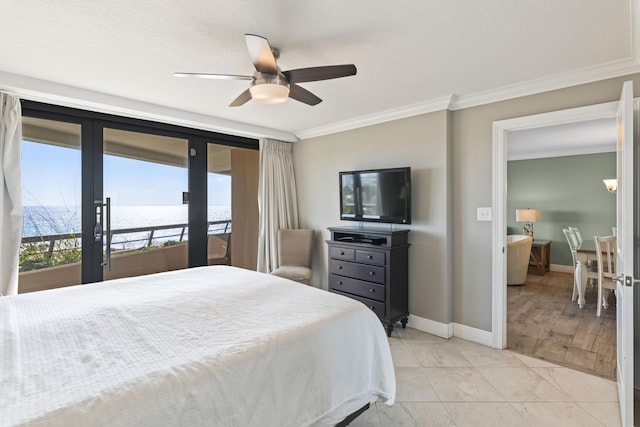291 Scenic Gulf Dr Unit 900, Miramar Beach, FL 32550 - bedroom featuring crown molding, access to exterior, french doors, baseboards, and ceiling fan