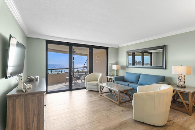 291 Scenic Gulf Dr Unit 900, Miramar Beach, FL 32550 - living area featuring ornamental molding, light wood-style floors, a water view, and a textured ceiling