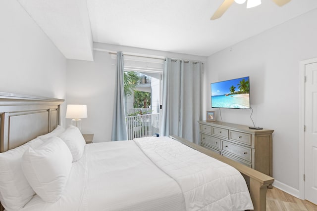 bedroom with access to exterior, ceiling fan, baseboards, and light wood-style floors