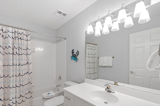 full bathroom featuring shower / bath combo, visible vents, toilet, and vanity
