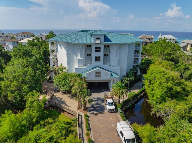 aerial view featuring a water view