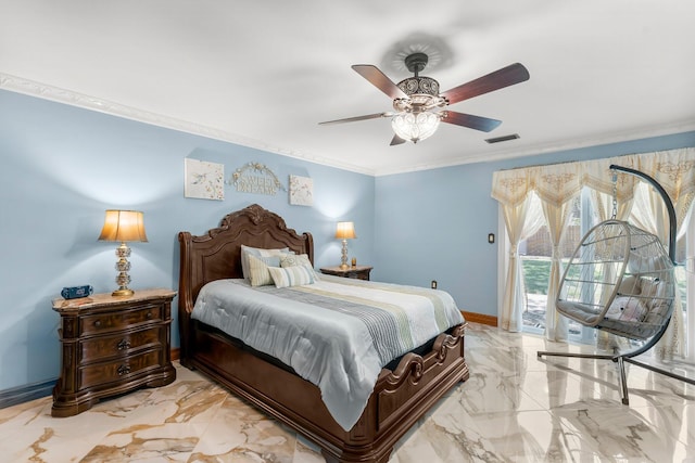 bedroom featuring access to outside, light marble finish floors, baseboards, a ceiling fan, and ornamental molding