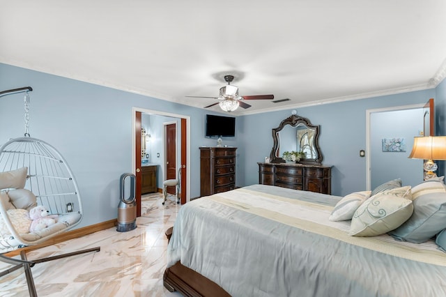 bedroom with marble tiled flooring, baseboards, ornamental molding, a ceiling fan, and connected bathroom