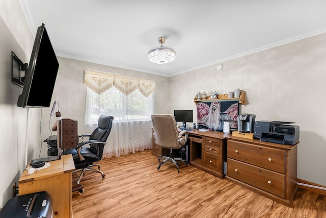 office area featuring light wood-style floors and ornamental molding