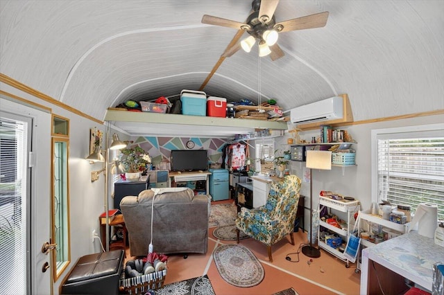 1192 Oakwood Lakes Blvd, Defuniak Springs, FL 32433 - living room featuring a wall mounted AC, lofted ceiling, and ceiling fan