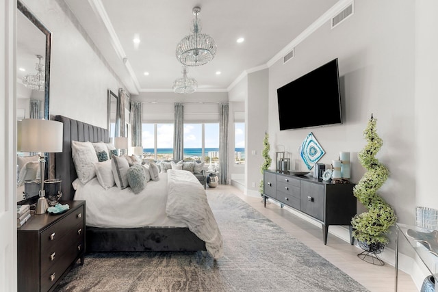 320 Harbor Blvd Unit 1201, Destin, FL 32541 - bedroom with visible vents, crown molding, access to exterior, recessed lighting, and a notable chandelier