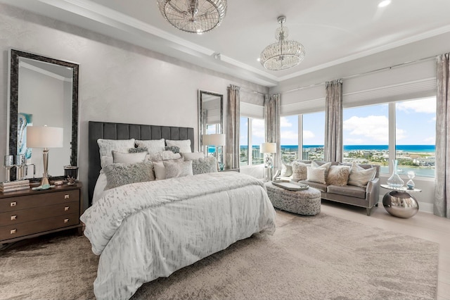 320 Harbor Blvd Unit 1201, Destin, FL 32541 - bedroom with a water view, a notable chandelier, ornamental molding, and access to exterior