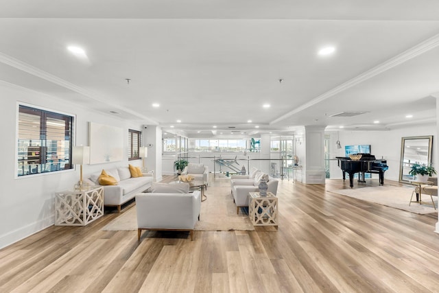 320 Harbor Blvd Unit 1201, Destin, FL 32541 - living room featuring recessed lighting, ornamental molding, decorative columns, and light wood-type flooring