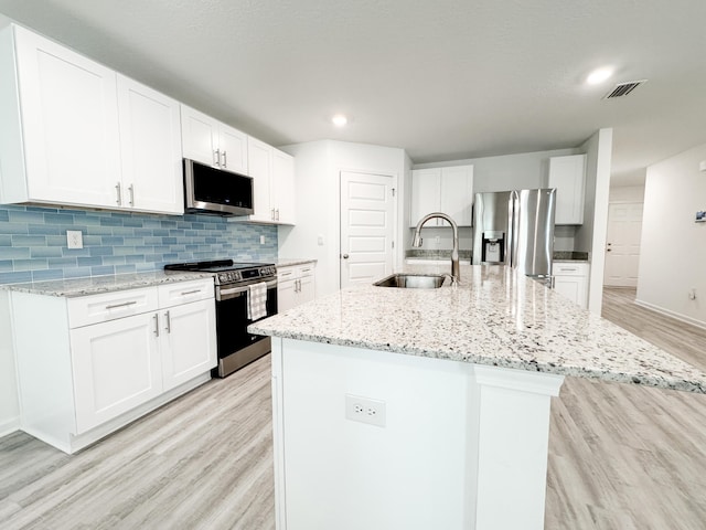 58 Eunola Ln, Freeport, FL 32439 - kitchen featuring light wood-style flooring, decorative backsplash, stainless steel appliances, a sink, and visible vents