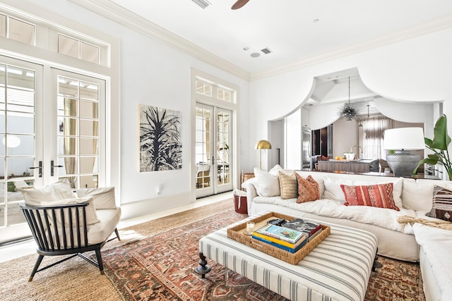 30 N Charles St, Inlet Beach, FL 32461 - living room with french doors, ceiling fan, and ornamental molding