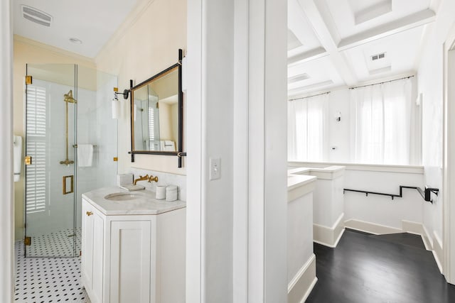 30 N Charles St, Inlet Beach, FL 32461 - bathroom featuring a stall shower, a healthy amount of sunlight, coffered ceiling, and vanity