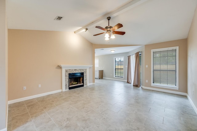 519 Krest Dr, Crestview, FL 32536 - unfurnished living room with visible vents, vaulted ceiling with beams, baseboards, a fireplace, and ceiling fan
