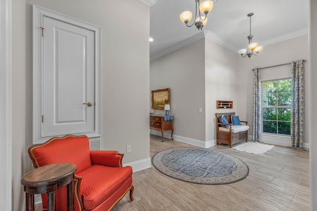 9124 Orlando Ave, Navarre, FL 32566 - living area with a chandelier, ornamental molding, wood finished floors, and baseboards