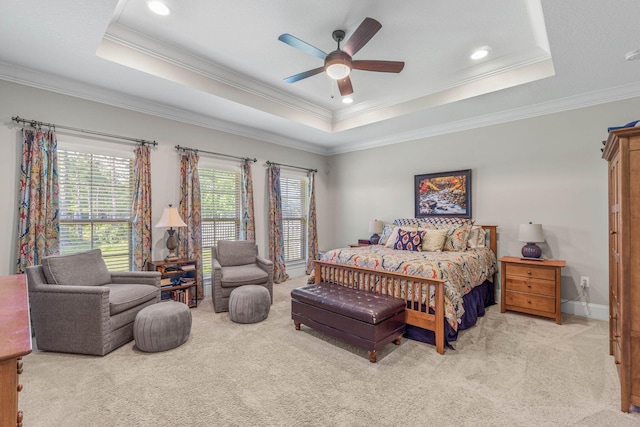 9124 Orlando Ave, Navarre, FL 32566 - carpeted bedroom with a tray ceiling, ornamental molding, ceiling fan, and recessed lighting