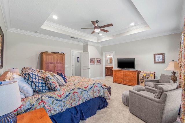 9124 Orlando Ave, Navarre, FL 32566 - bedroom with a tray ceiling, crown molding, light carpet, recessed lighting, and baseboards