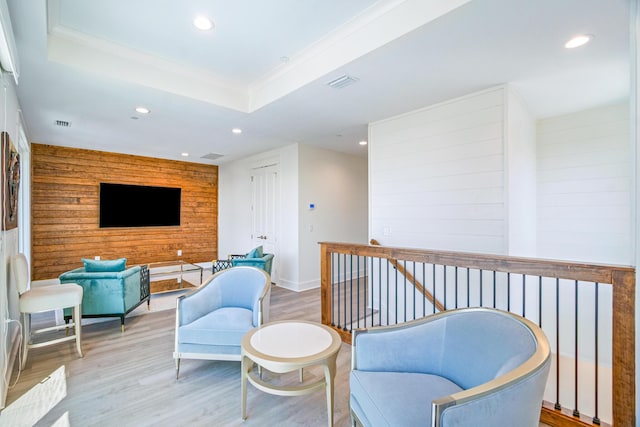 40 Cote D Azur Dr, Santa Rosa Beach, FL 32459 - sitting room featuring recessed lighting, an upstairs landing, wooden walls, visible vents, and wood finished floors