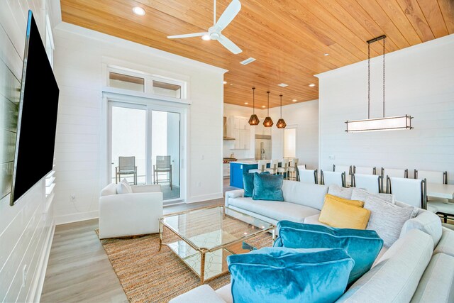 40 Cote D Azur Dr, Santa Rosa Beach, FL 32459 - living area with light wood-style floors, ceiling fan, baseboards, wooden ceiling, and recessed lighting
